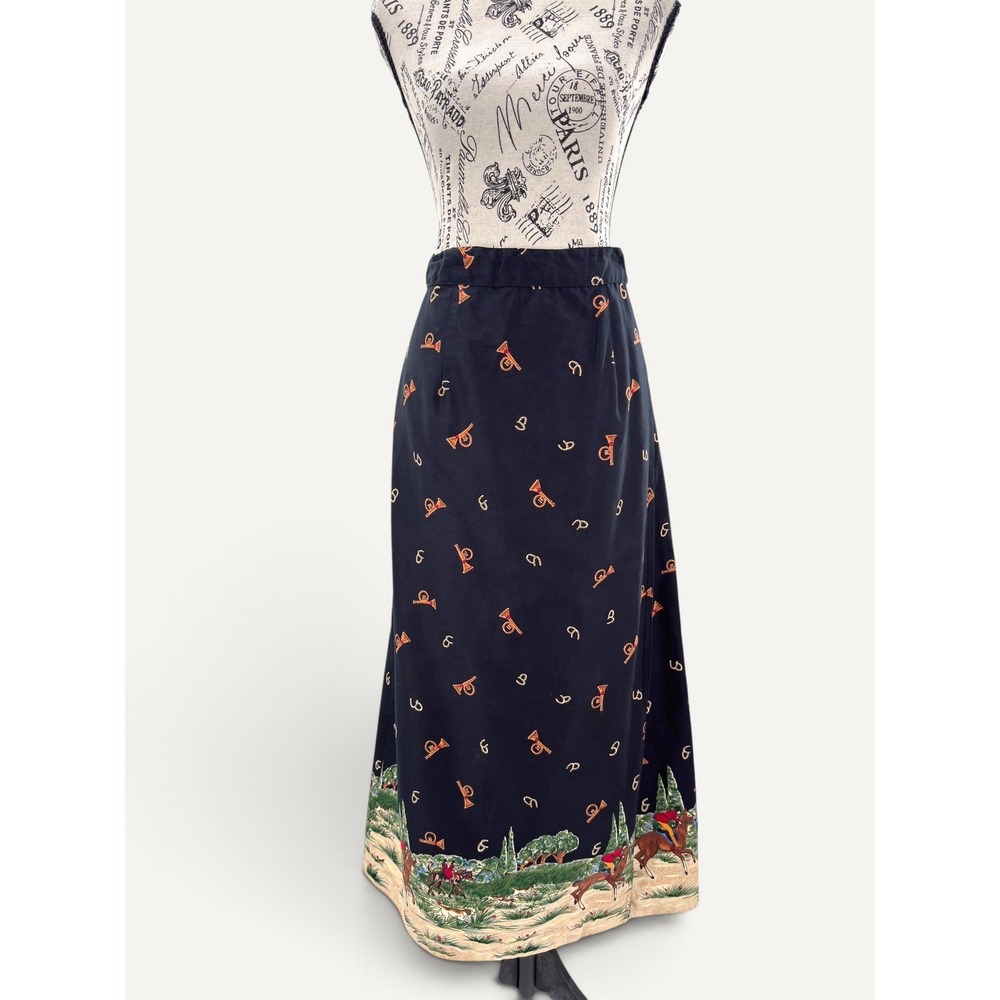 Equestrian VTG Sun River 100% Cotton Skirt Black Fox Hunt Maxi XL Novelty Print